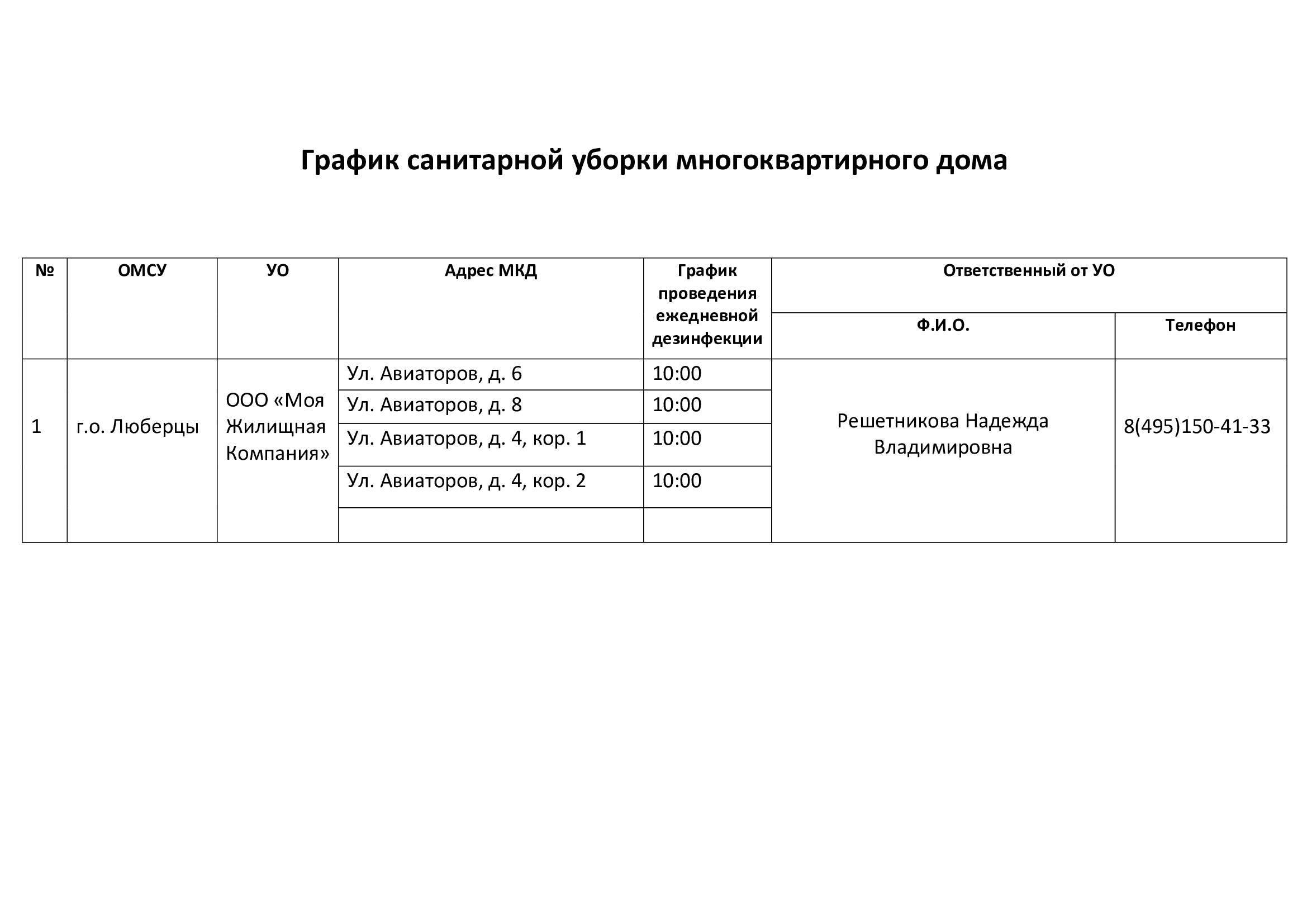 График санитарной уборки многоквартирного дома